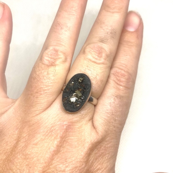 Pyrite In Slate, All Natural Mineral Specimen. Simple Matrix Ring. Size 8 - Picture 6 of 6